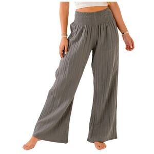 NWT Lotus and Luna Granite Cotton Wide Leg Gauzy Smocked Waist Pants L